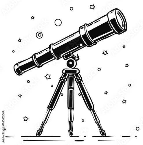 Black and white telescope on tripod with stars and circles illustration