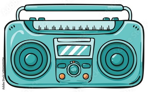 Turquoise Retro Boombox Illustration with Handle and Speakers in a Fun Cartoon Style