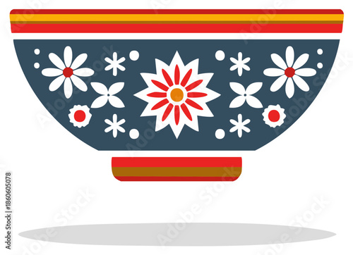 Colorful ceramic bowl with traditional folk art floral pattern. Decorative kitchenware vector illustration.
