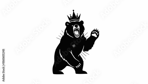Fierce bear wearing a crown, raising a paw, symbolizing power and royalty.
