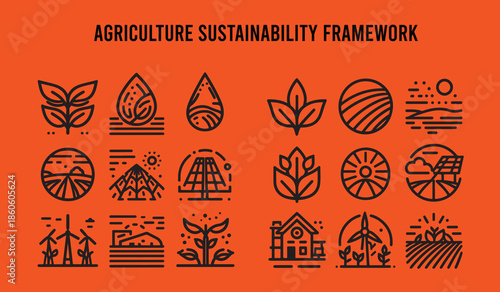agriculture sustainability framework icon set line art