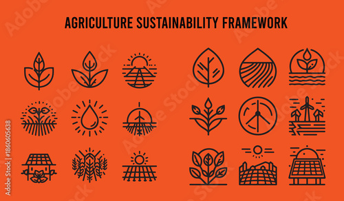 agriculture sustainability framework icon set line art
