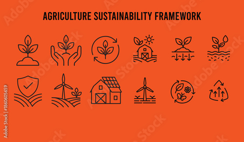 agriculture sustainability framework icon set line art