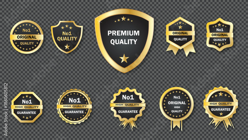 Collection of premium gold and black quality badges and labels set with various shapes