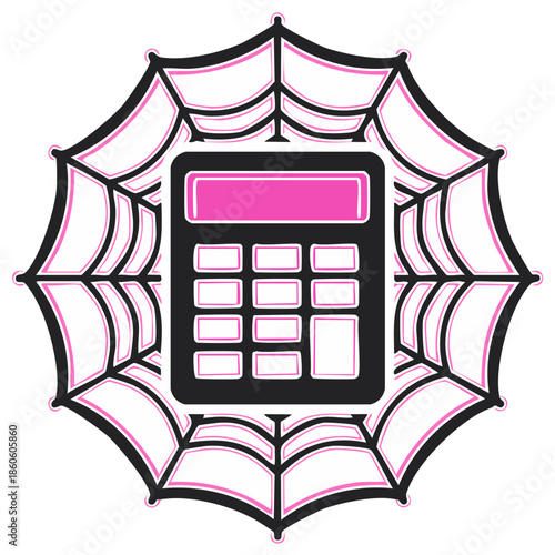 Calculator within a decorative spiderweb. Illustration featuring a vibrant pink and black color scheme