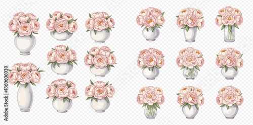 Set of beautiful watercolor pink peony bouquets in various white vases, elegant floral arrangements.