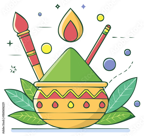 Vibrant cartoon illustration of Holi festival with a pot of gulal powder pichkari and bonfire