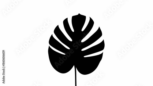 Bold black silhouette of a tropical monstera leaf against a clean white background, representing nature and simplicity.