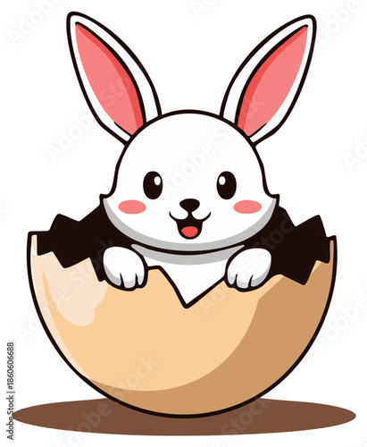 Cute cartoon white bunny rabbit peeking out of a cracked brown eggshell