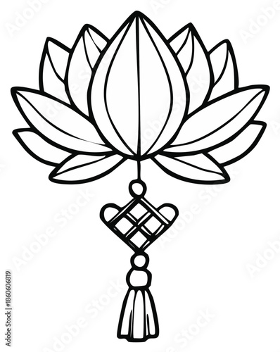 Line art lotus flower illustration with knotted pendant and tassel for coloring book pages or logo design