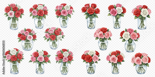 Set of beautiful rose bouquets in glass vases, featuring red, pink, and white flowers, on a transparent background.