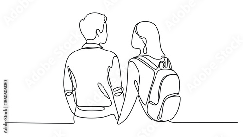 Minimal continuous line art illustration of a couple sitting together from back view, modern romantic outline drawing concept