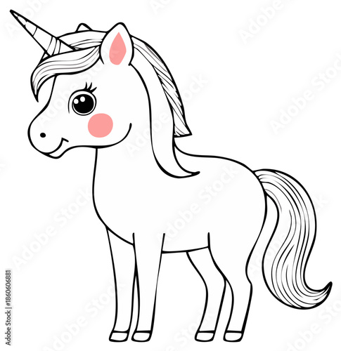 Cute cartoon unicorn with pink cheeks and mane