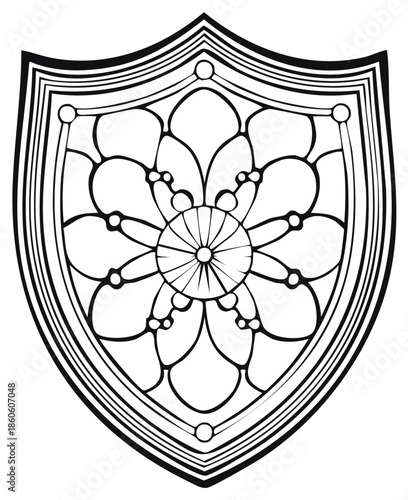 Elegant heraldic shield emblem with stylized floral design, vector line art illustration for branding, medieval themes, decorative graphics