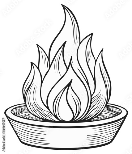Stylized Burning Flame in a Simple Bowl Line Drawing