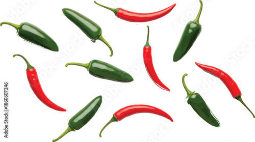 Hot chili pepper vector set with red and green spicy vegetables in realistic cartoon style isolated on white background illustration