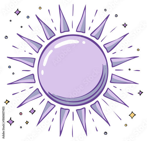 Hand-drawn mystical purple sun with radiating light rays and sparkling stars