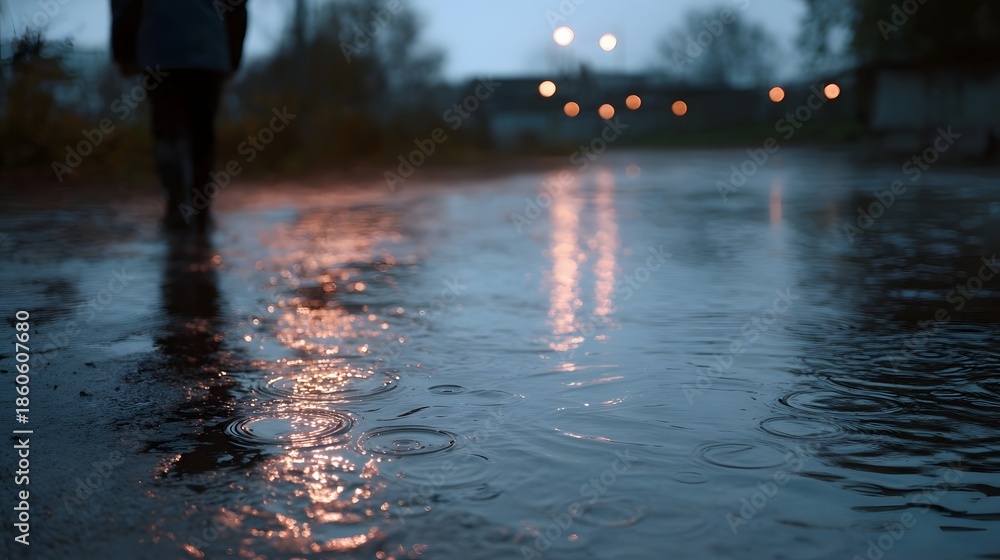 Fototapeta premium A lone figure walks on a wet street during twilight with reflections and soft bokeh lights in the background