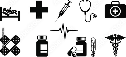 Collection of black medical icons hospital bed syringe stethoscope and medicine
