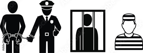 Arrest police officer jail cell and prisoner icons illustrate the criminal justice system