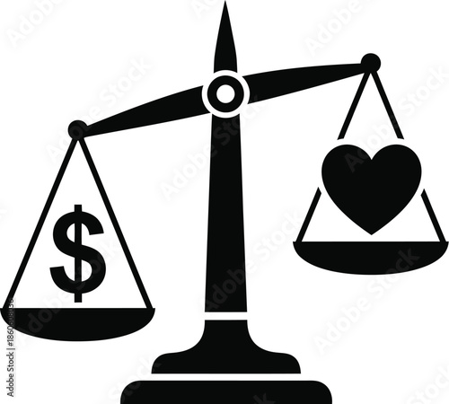 A symbolic representation of balancing love and financial gain with scales