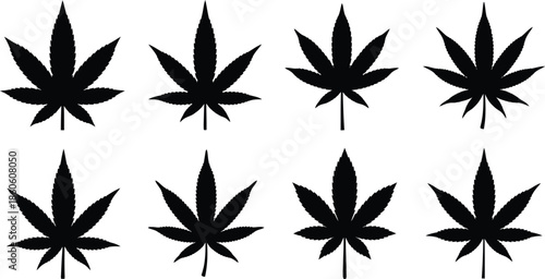 Eight black silhouettes of cannabis leaves arranged in a grid pattern