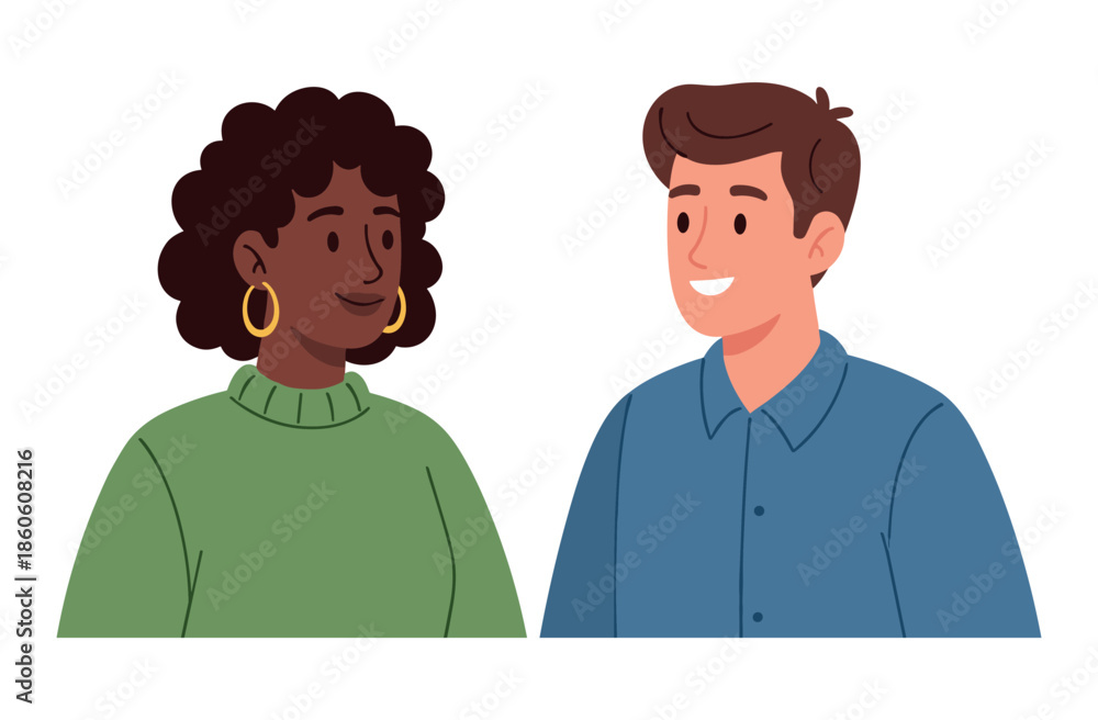 Obraz premium Smiling caucasian male and african female adults in casual attire