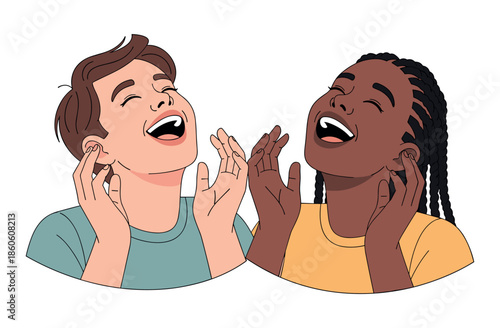 Joyful young friends laughing together - caucasian male and african female