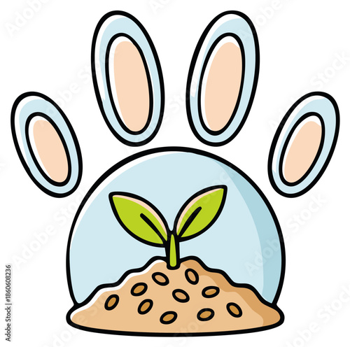 Eco-friendly animal paw print with a sprouting plant and seeds inside
