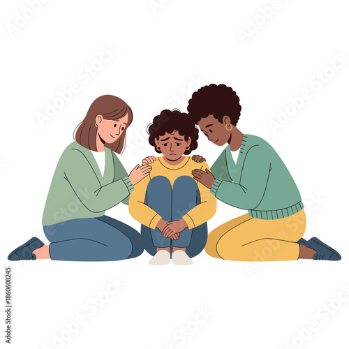 Young caucasian and african adult women comforting sad child