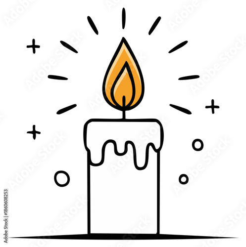 Doodle style lit candle with melting wax and glowing flame emitting light rays