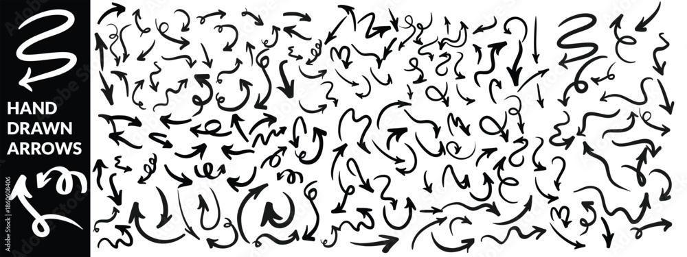 Obraz premium Various black brush drawn curved arrows. Collection doodle marker thick arrows in different directions. Grunge rough direction shape for design. Vector brush strokes, Red pencil arrow doodles. arrow