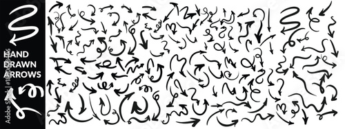 Various black brush drawn curved arrows. Collection doodle marker thick arrows in different directions. Grunge rough direction shape for design. Vector brush strokes, Red pencil arrow doodles. arrow 