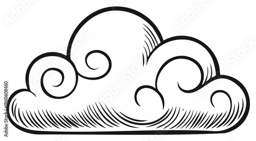 Stylized Cloud Illustration with Swirls and Hatching Style