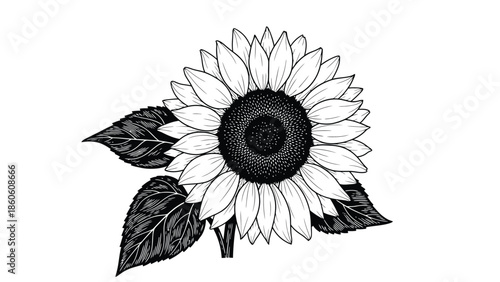 Detailed black and white illustration of a single sunflower in bloom