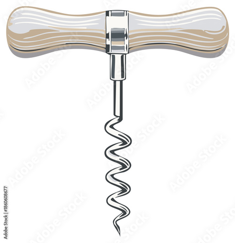 Classic corkscrew with wooden handle and metal spiral for opening wine bottles