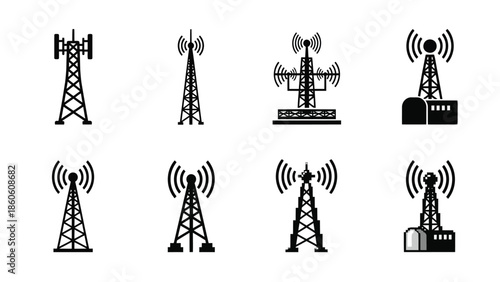 Collection of various black and white cellular and radio communication tower icons