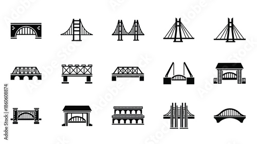 Collection of various bridge designs and structural engineering icons in black and white