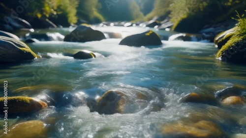 Crystal clear mountain river cascades over mossy rocks, reflecting a sunlit forest canopy, creating a peaceful and refreshing natural scene