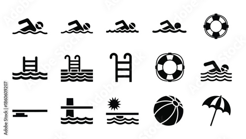Summer vacation symbols swimming beach and safety equipment illustrations