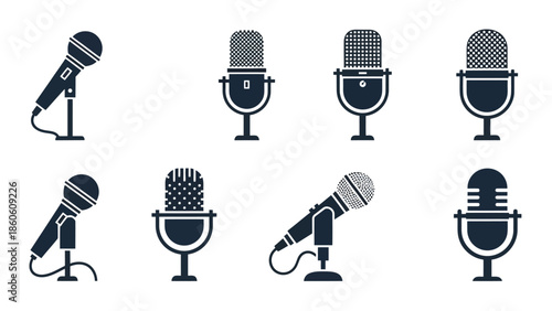 Collection of vintage and modern microphone designs in a monochromatic style