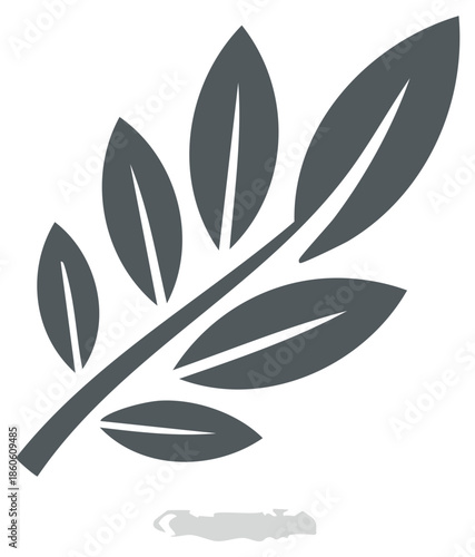 Stylized Graphic of a Dark Gray Branch with Five Elliptical Leaves on a White Background