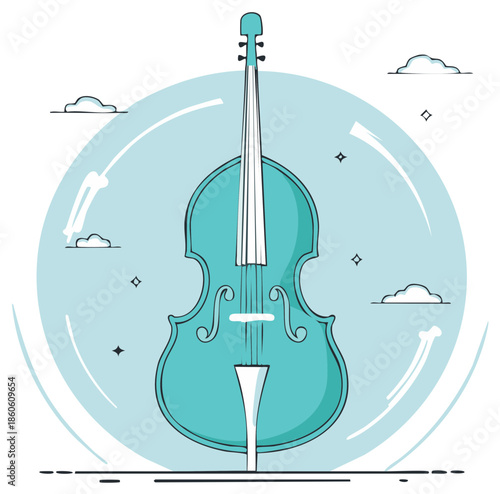 Turquoise Double Bass String Instrument Illustration with Minimalist Line Art and Gentle Clouds