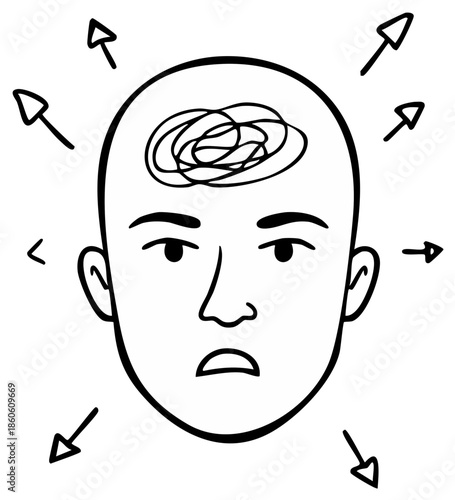 Conceptual illustration of confusion with arrows and tangled thoughts within a person's head indicating stress or mental health issues