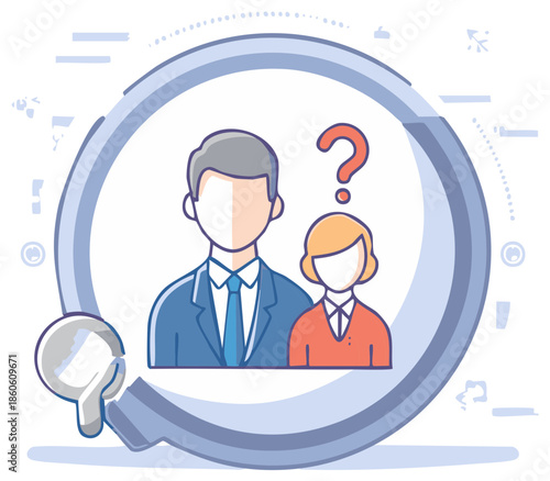 Conceptual illustration of employee search and hiring with a magnifying glass over candidate icons