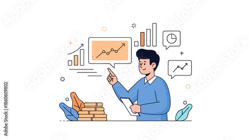 Young caucasian male analyzing data with graphs and charts in office setting