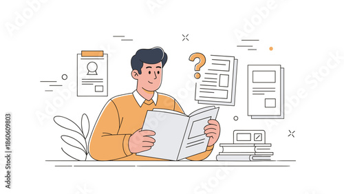 Male cartoon character reading book amidst documents and question mark
