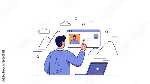 Male adult engages in virtual meeting on laptop against mountainous backdrop