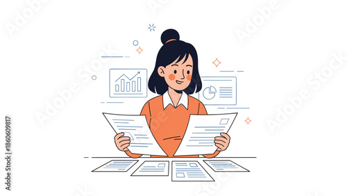 Asian female analyst reviewing financial documents with positive growth charts