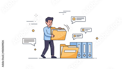 Young caucasian male organizing files with communication icons around